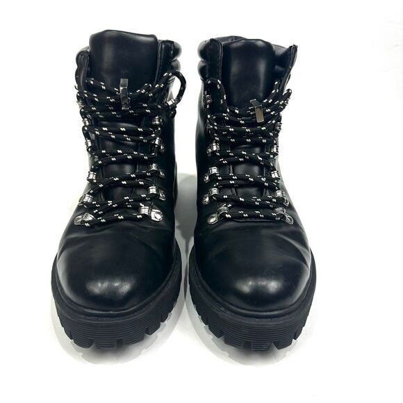 Zara Trafaluc Black Faux Leather Lace Up Boots Sz 36/5.5 Combat Ankle Booties - Picture 2 of 16